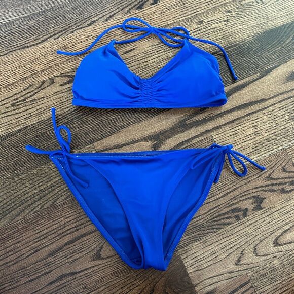 NEW No Boundaries Bright Blue Rutched Tie Bikini - Picture 2 of 6